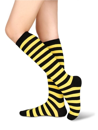 兒童黃色的和黑色彩色斑馬紋條紋及膝連衣裙襪子男孩女孩萬聖節角色扮演襪子小丑條紋圖案襪子長款抹胸足球紅色的黃色的