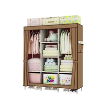 Portable Wardrobe Closet, Bedroom Clothes Organizer Cabinet With Hanging Rack For Home, Easy Assembly, 1pc Random Color (Coffee/Red Wine) - Coffee Brown - View 4