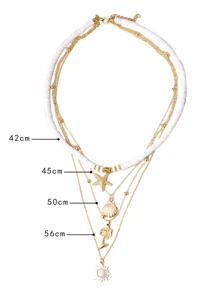 3入組/套波西米亞海灘度假風格多層鏈條花太陽和米釘珠項鍊適合女士 - 彩色 - 查看 2