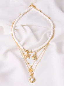 3入組/套波西米亞海灘度假風格多層鏈條花太陽和米釘珠項鍊適合女士 - 彩色 - 查看 4