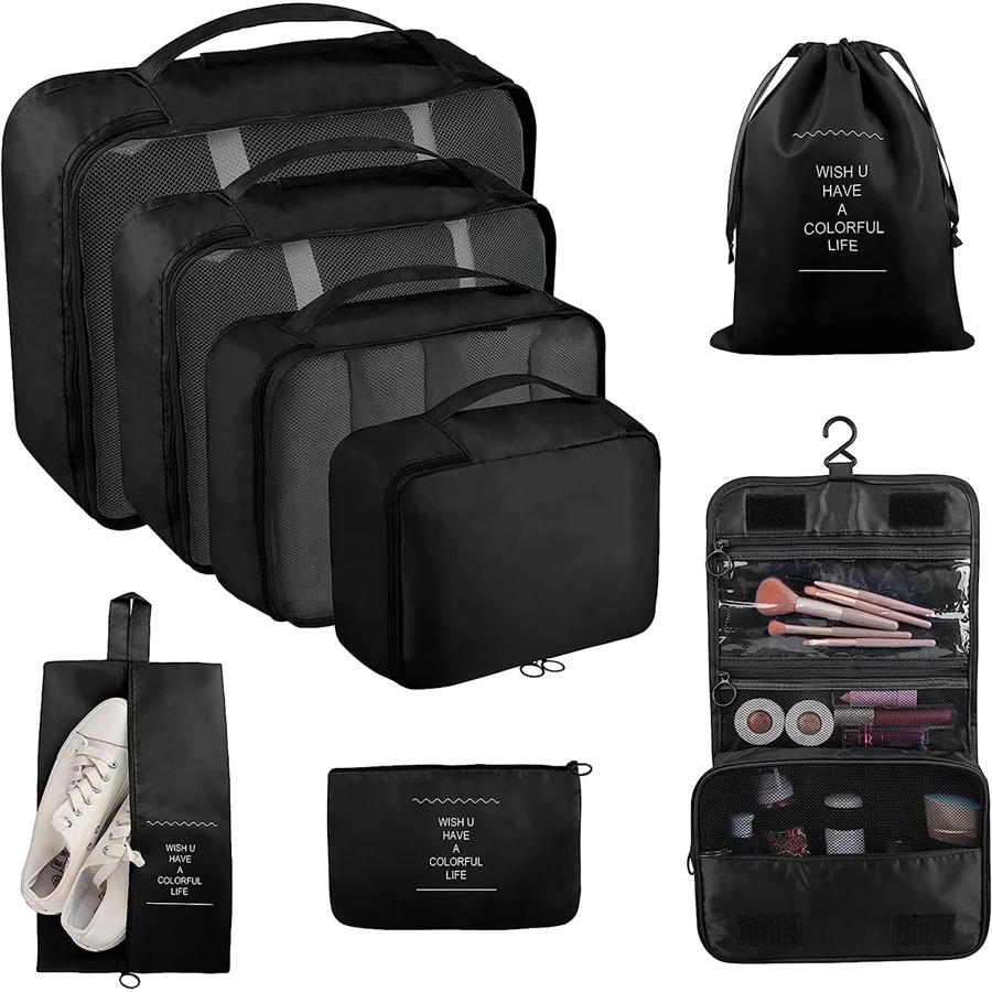 Bộ 8 khối đóng gói du lịch, túi hành lý, túi đựng giày nén, túi đựng đồ lót, túi treo đồ vệ sinh cá nhân, đồ dùng học tập, trang trí phòng, trang trí phòng ngủ, ký túc xá cần thiết cho trường học, giáo viên, quần áo, lưu trữ quần áo, tổ chức du lịch, bộ túi đựng đồ du lịch, túi đóng gói, túi đóng gói trở lại trường học Túi du lịch cần thiết Tổ chức du lịch cho kỳ nghỉ hè ở bãi biển