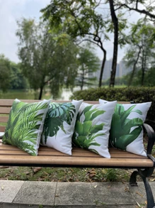 件組方形裝飾枕套，熱帶綠色植物印花，適合戶外/室內使用，防水露台墊套，非常適合家居、花園、海灘和客廳裝飾 - 橄欖綠 - 查看 3