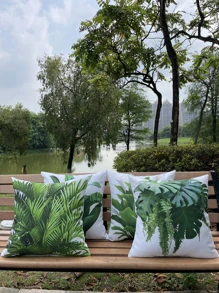 件組方形裝飾枕套，熱帶綠色植物印花，適合戶外/室內使用，防水露台墊套，非常適合家居、花園、海灘和客廳裝飾 - 橄欖綠 - 查看 4