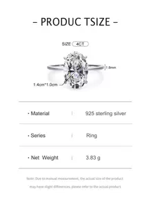 1 件 4 克拉經典簡約 S925 純銀橢圓形戒指,精美珠寶,適合女士訂婚婚禮新娘首飾 - 銀色 - 查看 4