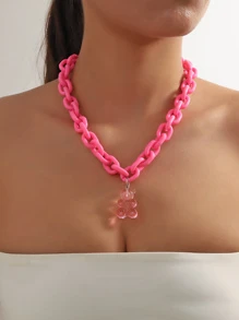 1入組樹脂鏈條帶粉色熊吊墜個性化時尚華麗風格女士項鍊 - 粉色 - 查看 1