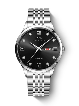 I&W CARNIVAL.HWGUOJI 1pc I&W Men Stainless Steel Strap Rhinestone Decor Calendar Round Dial Mechanical Watch