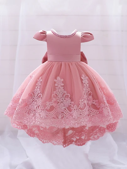 Vestido de princesa dulce y lindo con decoración de lazo y encaje, adecuado para salidas y vacaciones, no incluye diadema