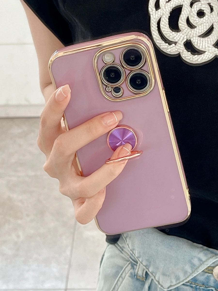 Contrast Frame Phone Case With Ring Holder,International Version, Not The Domestic Version - Purple - View 1