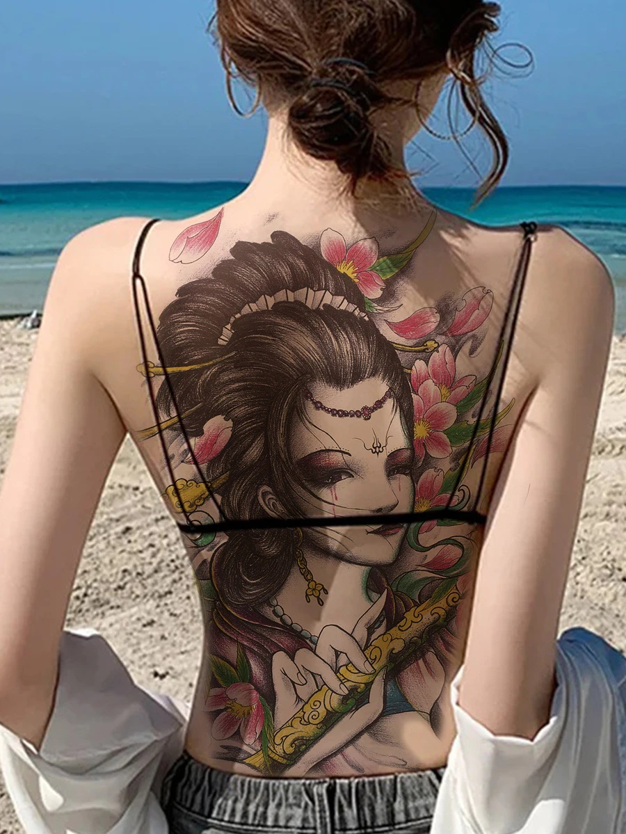 1入組男士/女士滿背紋身貼紙帶花朵和人物設計 - 彩色 - 查看 1