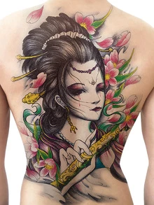 1入組男士/女士滿背紋身貼紙帶花朵和人物設計 - 彩色 - 查看 2