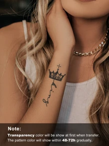 1件裝皇冠圖案英文名稱草本風紋身貼紙，防水防汗不反光，適合韓系與Y2K風格 - 黑色 - 查看 3