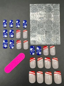 提升你風格帶24入組長款棺材星星印花全覆蓋假指甲成套工具 - 彩色 - 查看 4