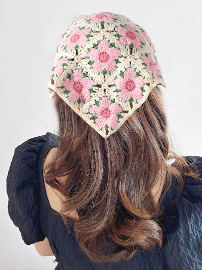 Floral Crochet Kerchief Hair Band Boho Valentine's Day Valentines Bandanas Head Bandana Hair Scarf, School Stuff, College Fall Winter Headbands For Women Hair Accessories For Women For Vacation Outfits Woman