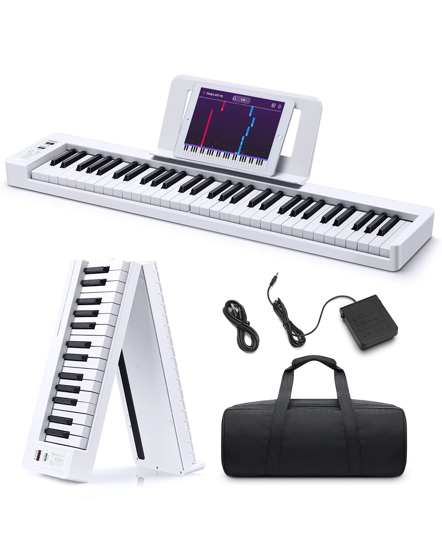 Donner Folding Piano Keyboard 61 Keys Sensitive Electric Piano Foldable Portable for Beginner Adults Home Travel Digital Piano Keyboard with Music Rest Piano Bag Piano Pedal Piano APP White DP-06 - 白色 - 查看 1