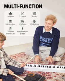 Donner Folding Piano Keyboard 61 Keys Sensitive Electric Piano Foldable Portable for Beginner Adults Home Travel Digital Piano Keyboard with Music Rest Piano Bag Piano Pedal Piano APP White DP-06 - 白色 - 查看 6