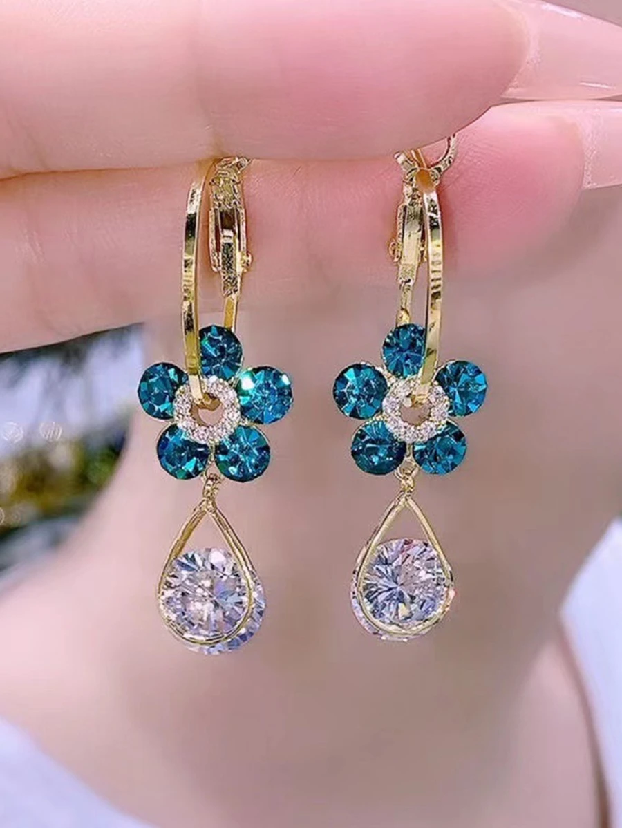 1pair Flower Shape Earrings With Water Drop Design Valentines,Mom,Mother,Mother's Day,Gift - Blue - View 1