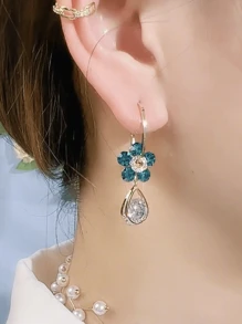 1pair Flower Shape Earrings With Water Drop Design Valentines,Mom,Mother,Mother's Day,Gift - Blue - View 3