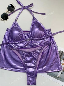 Metallic Halter Triangle Bikini Set With Beach Skirt