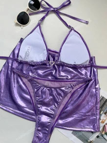 Metallic Halter Triangle Bikini Set With Beach Skirt