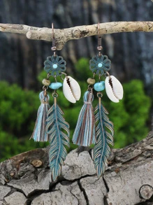 TopHanqi 11對/套復古古董青銅色調貝殼和綠松石裝飾耳環合適適合女士 - 銅色 - 查看 8