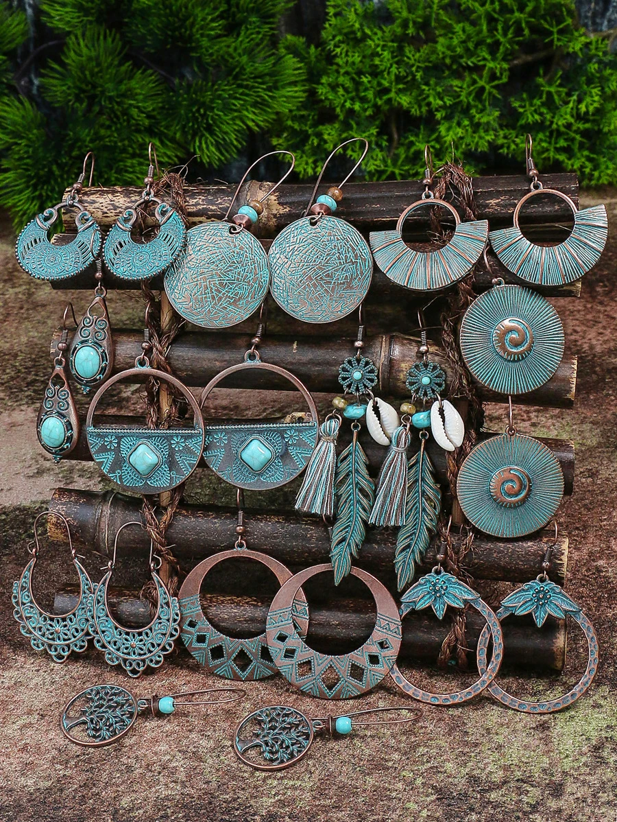 TopHanqi 11對/套復古古董青銅色調貝殼和綠松石裝飾耳環合適適合女士 - 銅色 - 查看 1