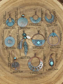 TopHanqi 11對/套復古古董青銅色調貝殼和綠松石裝飾耳環合適適合女士 - 銅色 - 查看 10