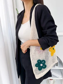 花朵印花圖案鉤針肩包，時尚購物袋和沙灘包，女士休閒購物袋手提包，適合度假旅行人群 - 米色 - 查看 6