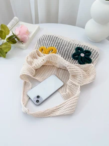 花朵印花圖案鉤針肩包，時尚購物袋和沙灘包，女士休閒購物袋手提包，適合度假旅行人群 - 米色 - 查看 5