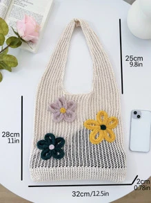 花朵印花圖案鉤針肩包，時尚購物袋和沙灘包，女士休閒購物袋手提包，適合度假旅行人群 - 米色 - 查看 7