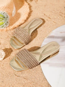 Women's Golden Glitter Rhinestone Decor Sparkling Flat Fashion Sandals - Gold - View 3