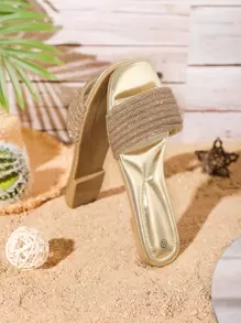 Women's Golden Glitter Rhinestone Decor Sparkling Flat Fashion Sandals - Gold - View 2