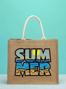 字母圖案亚麻托特包合適適用於度假 - 棕色 - 查看 1