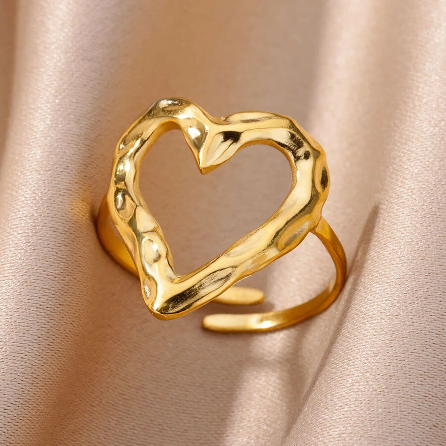 Heart Decor Cuff Ring - Yellow Gold - View 1