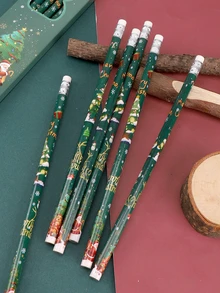 6 pièces/boîte Crayons de Noël mignons avec dessin animé, boîte de crayons de 6 avec gomme, Crayons HB, fournitures scolaires-cadeaux de Noël, articles de papeterie