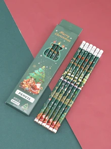 6 pièces/boîte Crayons de Noël mignons avec dessin animé, boîte de crayons de 6 avec gomme, Crayons HB, fournitures scolaires-cadeaux de Noël, articles de papeterie