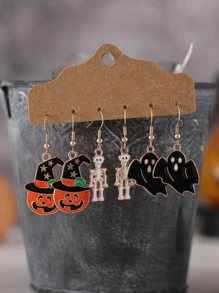 3pairs/set Halloween Pumpkin & Ghost Drop Earrings - Multicolor - View 3