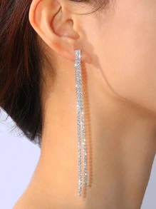 1對合金和水鑽簡約風長款新娘婚禮耳環 - 銀色 - 查看 1