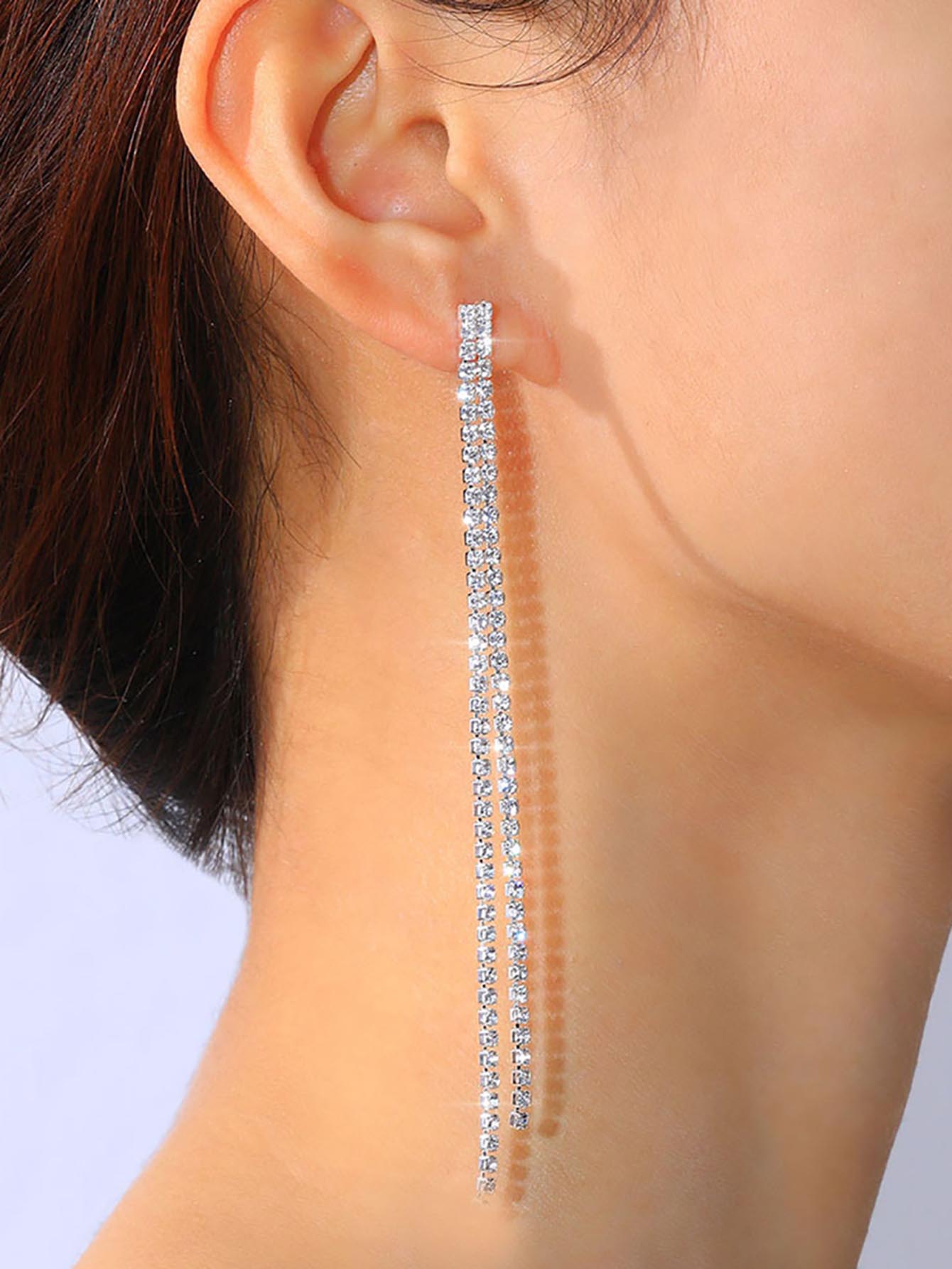 1對合金和水鑽簡約風長款新娘婚禮耳環 - 銀色 - 查看 1