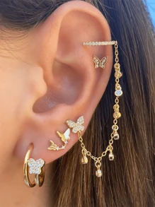 4 piezas Pendientes de tachuela vintage de aleación con mariposa con cadena con diamante de imitación - Amarillo Oro - Ver 9