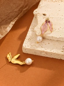 1 對法式天然珍珠、琺瑯、樹脂吊式耳環,半花設計,非常適合假日派對 - 粉色 - 查看 2