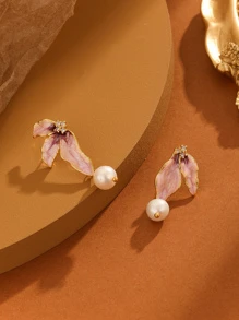 1 對法式天然珍珠、琺瑯、樹脂吊式耳環,半花設計,非常適合假日派對 - 粉色 - 查看 3
