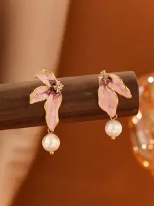 1 對法式天然珍珠、琺瑯、樹脂吊式耳環,半花設計,非常適合假日派對 - 粉色 - 查看 1