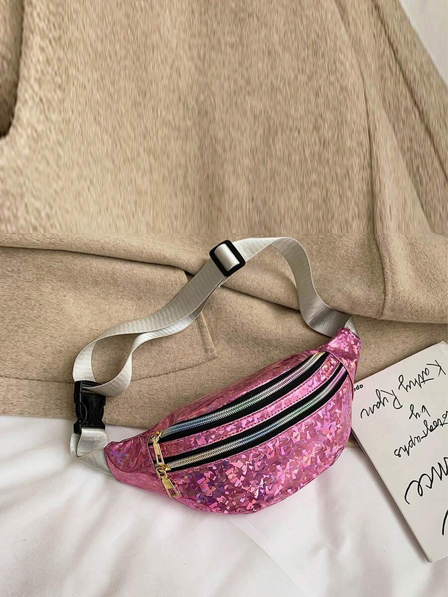 件時尚 PU 皮革純色腰包適合男孩和女孩，帶有可調節腰帶，激光胸包手機袋 - 粉色 - 查看 1