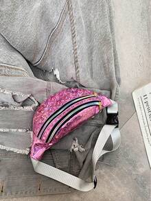 件時尚 PU 皮革純色腰包適合男孩和女孩，帶有可調節腰帶，激光胸包手機袋 - 粉色 - 查看 3