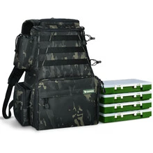 Rodeel Fishing Tackle Backpack 2 Fishing Rod Holders with 4 Tackle Boxes, Large Storage,Backpack for Trout Fishing Outdoor Sports Camping Hiking - 墨綠色 - 查看 1