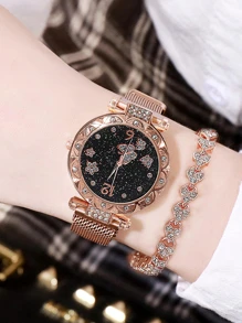1pc Magnetic Buckle Round Quartz Watch For Women & 1pc Heart Shaped Bracelet Valentines