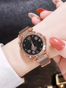 1pc Magnetic Buckle Round Quartz Watch For Women & 1pc Heart Shaped Bracelet Valentines