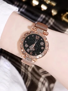 1pc Magnetic Buckle Round Quartz Watch For Women & 1pc Heart Shaped Bracelet Valentines