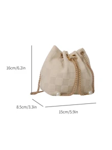 Mini New Stylish Woven Straw Golden Chain Drawstring Bucket Bag Beach Bag , Summer - Beige - View 3