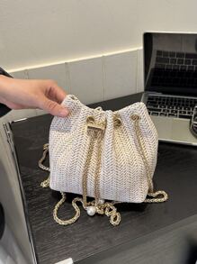 迷你时尚草编金色链条抽绳水桶包，沙滩包，夏季度假包，沙滩钱包，夏季度假和日常使用的完美选择，旅行必备品，女士夏季草编沙滩包，最热门的女士沙滩包，时尚夏季度假包，女士度假和假日必备沙滩包，最新款假日包